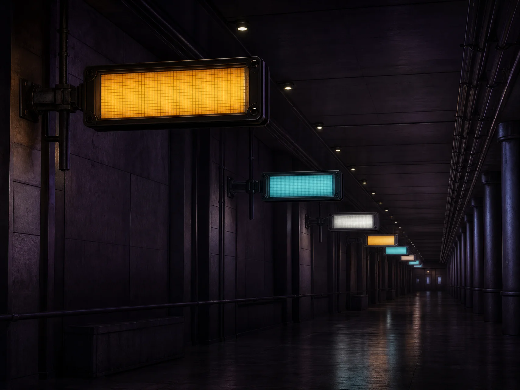 Night prototype corridor with abstract interaction panels